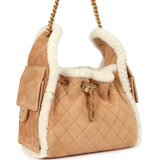 Chanel Small 25 Hobo Bag Beige Suede and White Shearling Antique Gold Hardware