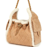 Chanel Small 25 Hobo Bag Beige Suede and White Shearling Antique Gold Hardware
