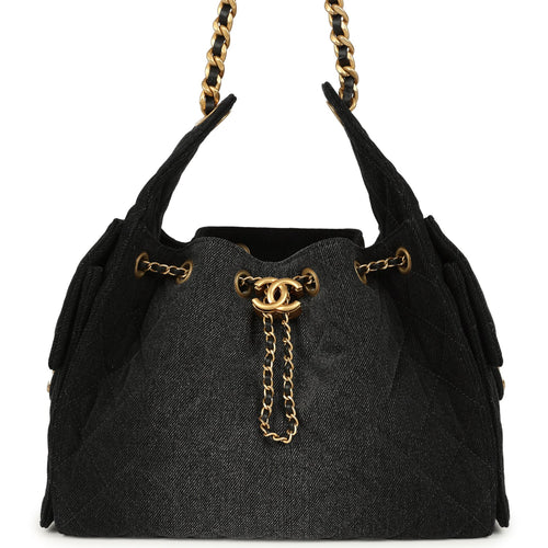 Chanel Small 25 Hobo Bag Black Washed Denim Antique Gold Hardware