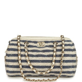 Chanel Mini Timeless Classic Barrel Bag with Chain Light Beige and Dark Blue Striped Woven Fabric Light Gold Hardware