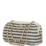 Chanel Mini Timeless Classic Barrel Bag with Chain Light Beige and Dark Blue Striped Woven Fabric Light Gold Hardware