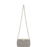 Chanel Mini Timeless Classic Barrel Bag with Chain Light Beige and Dark Blue Striped Woven Fabric Light Gold Hardware