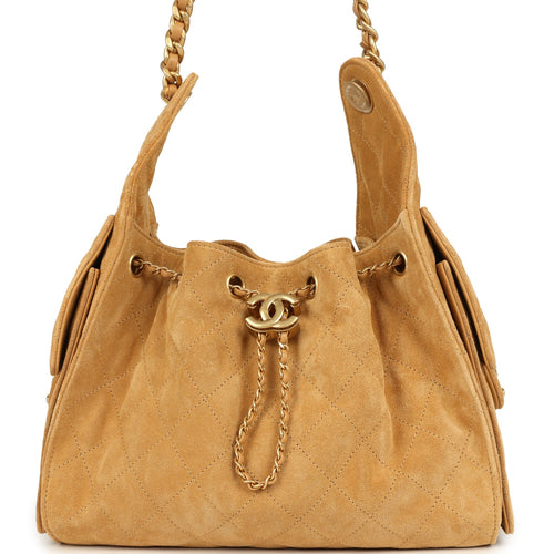 Chanel Small 25 Hobo Bag Tan Suede Antique Gold Hardware