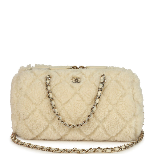 Chanel Mini Timeless Classic Barrel Bag with Chain Beige Shearling Light Gold Hardware