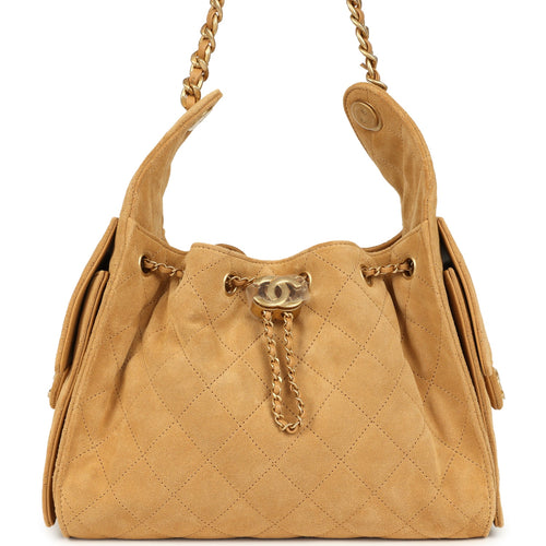 Chanel Small 25 Hobo Bag Tan Suede Antique Gold Hardware