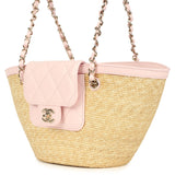 Chanel Small Shopping Tote Bag Beige Raffia and Light Pink Lambskin Light Gold Hardware