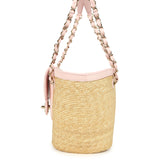 Chanel Small Shopping Tote Bag Beige Raffia and Light Pink Lambskin Light Gold Hardware