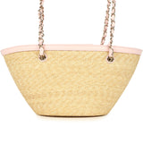 Chanel Small Shopping Tote Bag Beige Raffia and Light Pink Lambskin Light Gold Hardware