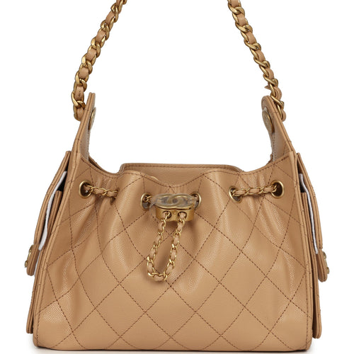 Chanel Mini 25 Hobo Bag Beige Caviar Antique Gold Hardware