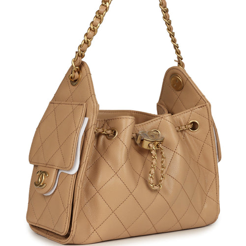 Chanel Mini 25 Hobo Bag Beige Caviar Antique Gold Hardware