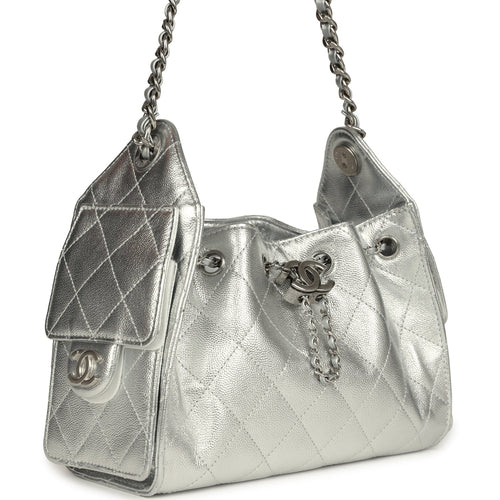 Chanel Mini 25 Hobo Bag Metallic Silver Caviar Silver Hardware