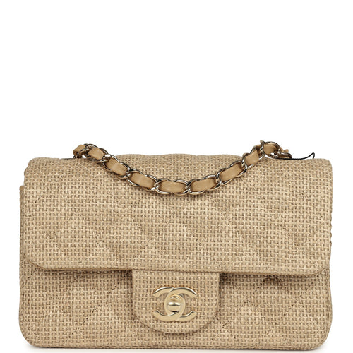 Chanel Mini Rectangular Flap Dark Beige Raffia Light Gold Hardware
