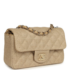Chanel Mini Rectangular Flap Dark Beige Raffia Light Gold Hardware