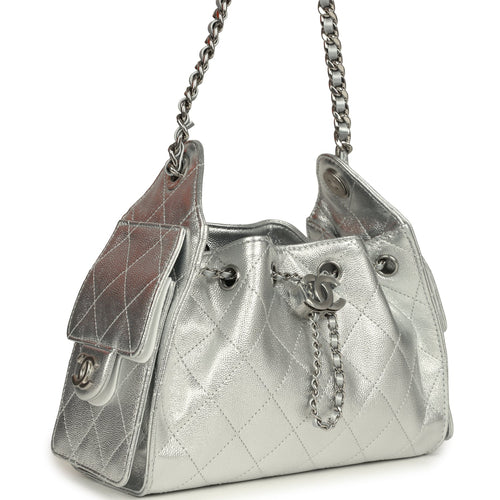 Chanel Mini 25 Hobo Bag Metallic Silver Caviar Silver Hardware