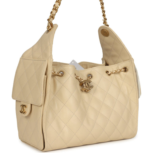 Chanel Small 25 Hobo Bag Light Beige Caviar Antique Gold Hardware