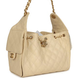 Chanel Small 25 Hobo Bag Light Beige Caviar Antique Gold Hardware