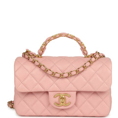 Chanel Mini Rectangular Flap Bag with CC Top Handle Pink Shiny Caviar Antique Gold Hardware