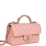 Chanel Mini Rectangular Flap Bag with CC Top Handle Pink Shiny Caviar Antique Gold Hardware