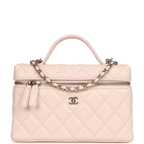 Chanel Top Handle Long Vanity Case with Chain Light Pink Shiny Caviar Light Gold Hardware