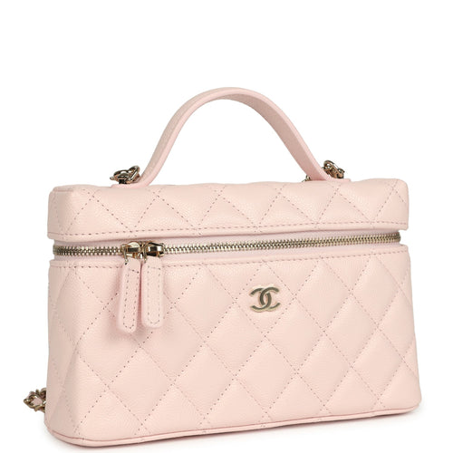 Chanel Top Handle Long Vanity Case with Chain Light Pink Shiny Caviar Light Gold Hardware