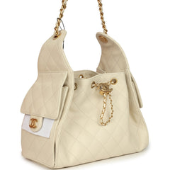 Chanel Small 25 Hobo Bag Light Beige Caviar Antique Gold Hardware