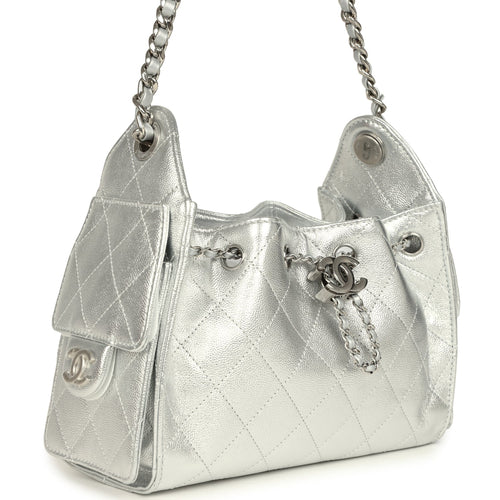 Chanel Mini 25 Hobo Bag Metallic Silver Caviar Silver Hardware