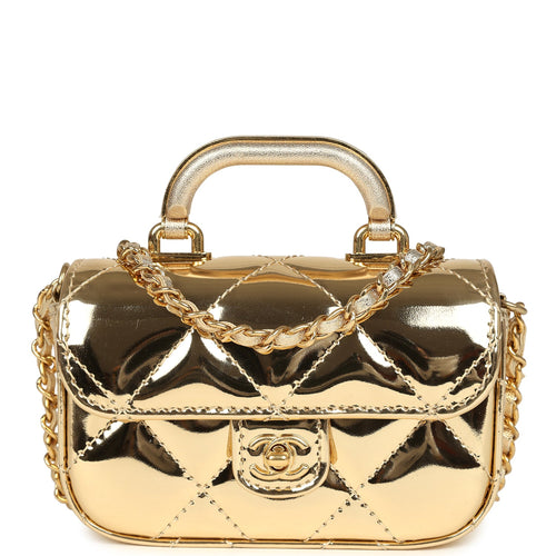 Chanel Micro Top Handle Flap Bag with Chain Light Gold Mirror Calfskin Gold Hardware