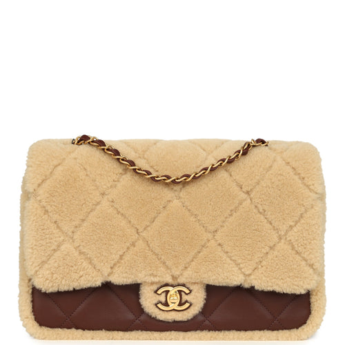 Chanel Large Shearling Flap Bag Dark Brown Lambskin and Beige Shearling Brushed Gold Hardware