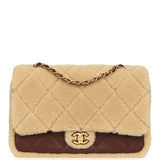 Chanel Large Shearling Flap Bag Dark Brown Lambskin and Beige Shearling Brushed Gold Hardware