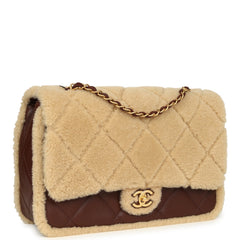 Chanel Large Shearling Flap Bag Dark Brown Lambskin and Beige Shearling Brushed Gold Hardware