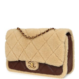 Chanel Large Shearling Flap Bag Dark Brown Lambskin and Beige Shearling Brushed Gold Hardware
