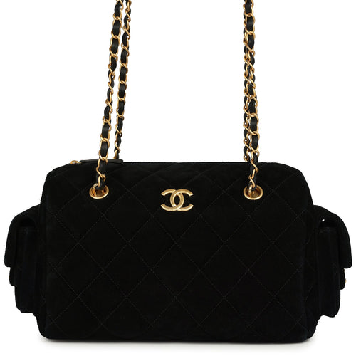 Chanel Small Bowling Bag Black Suede Antique Gold Hardware