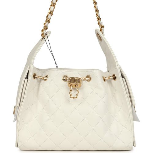 Chanel Small 25 Hobo Bag White Caviar Antique Gold Hardware