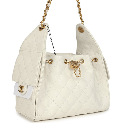Chanel Small 25 Hobo Bag White Caviar Antique Gold Hardware