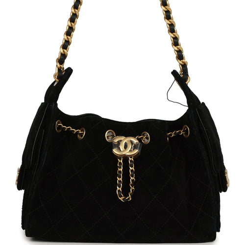 Chanel Mini 25 Hobo Bag Black Suede Antique Gold Hardware