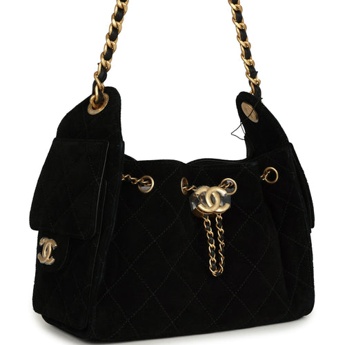 Chanel Mini 25 Hobo Bag Black Suede Antique Gold Hardware