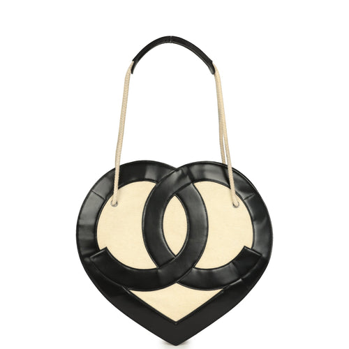 Pre-owned Chanel Jumbo Heart Tote Bag Cream Terry Cloth and Black Lambskin Silver Hardware