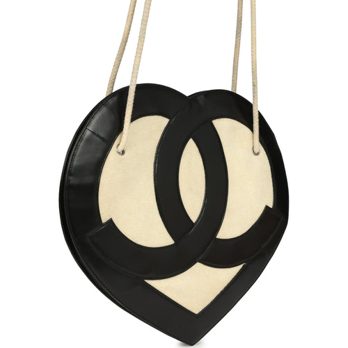 Pre-owned Chanel Jumbo Heart Tote Bag Cream Terry Cloth and Black Lambskin Silver Hardware