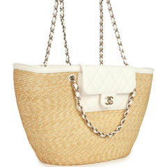 Chanel Large Shopping Tote Bag Beige Raffia and White Lambskin Light Gold Hardware