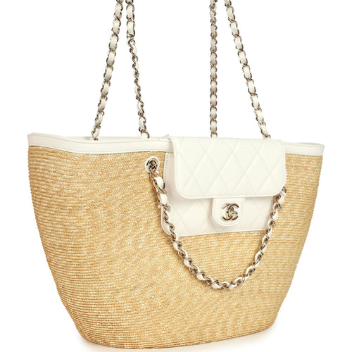 Chanel Large Shopping Tote Bag Beige Raffia and White Lambskin Light Gold Hardware