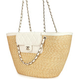 Chanel Large Shopping Tote Bag Beige Raffia and White Lambskin Light Gold Hardware