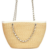 Chanel Large Shopping Tote Bag Beige Raffia and White Lambskin Light Gold Hardware