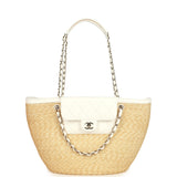 Chanel Large Shopping Tote Bag Beige Raffia and White Lambskin Light Gold Hardware