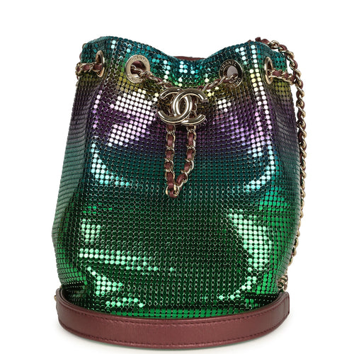 Pre-owned Chanel Mini Bucket Bag Green, Purple and Blue Ombre Metallic Mesh Light Gold Hardware