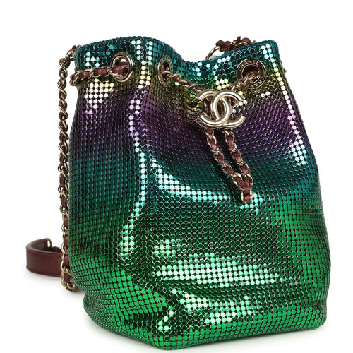 Pre-owned Chanel Mini Bucket Bag Green, Purple and Blue Ombre Metallic Mesh Light Gold Hardware