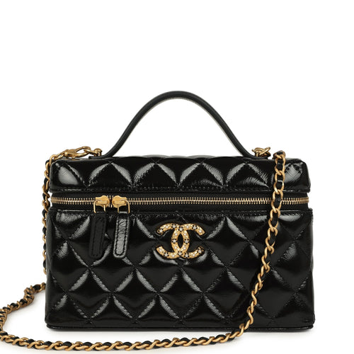 Chanel Top Handle Long Vanity Case with Chain Black Shiny Lambskin Aged Gold Hardware