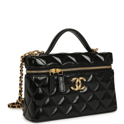 Chanel Top Handle Long Vanity Case with Chain Black Shiny Lambskin Aged Gold Hardware