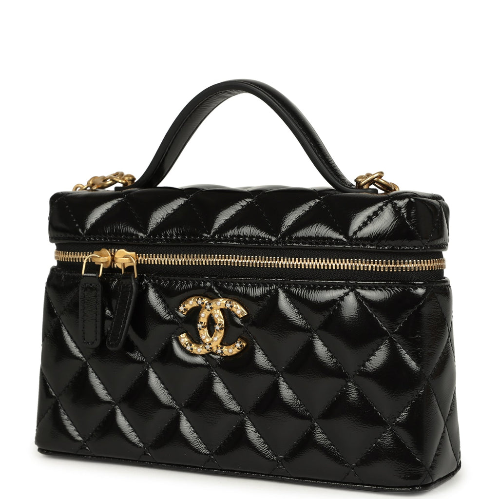 Chanel Top Handle Long Vanity Case with Chain Black Shiny Lambskin Age