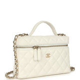 Chanel Trendy Top Handle Long Vanity Case with Chain White Caviar Light Gold Hardware