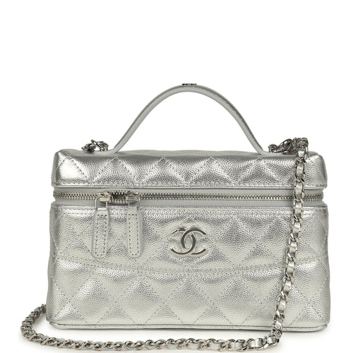 Chanel Top Handle Long Vanity Case with Chain Metallic Silver Shiny Caviar Silver Hardware